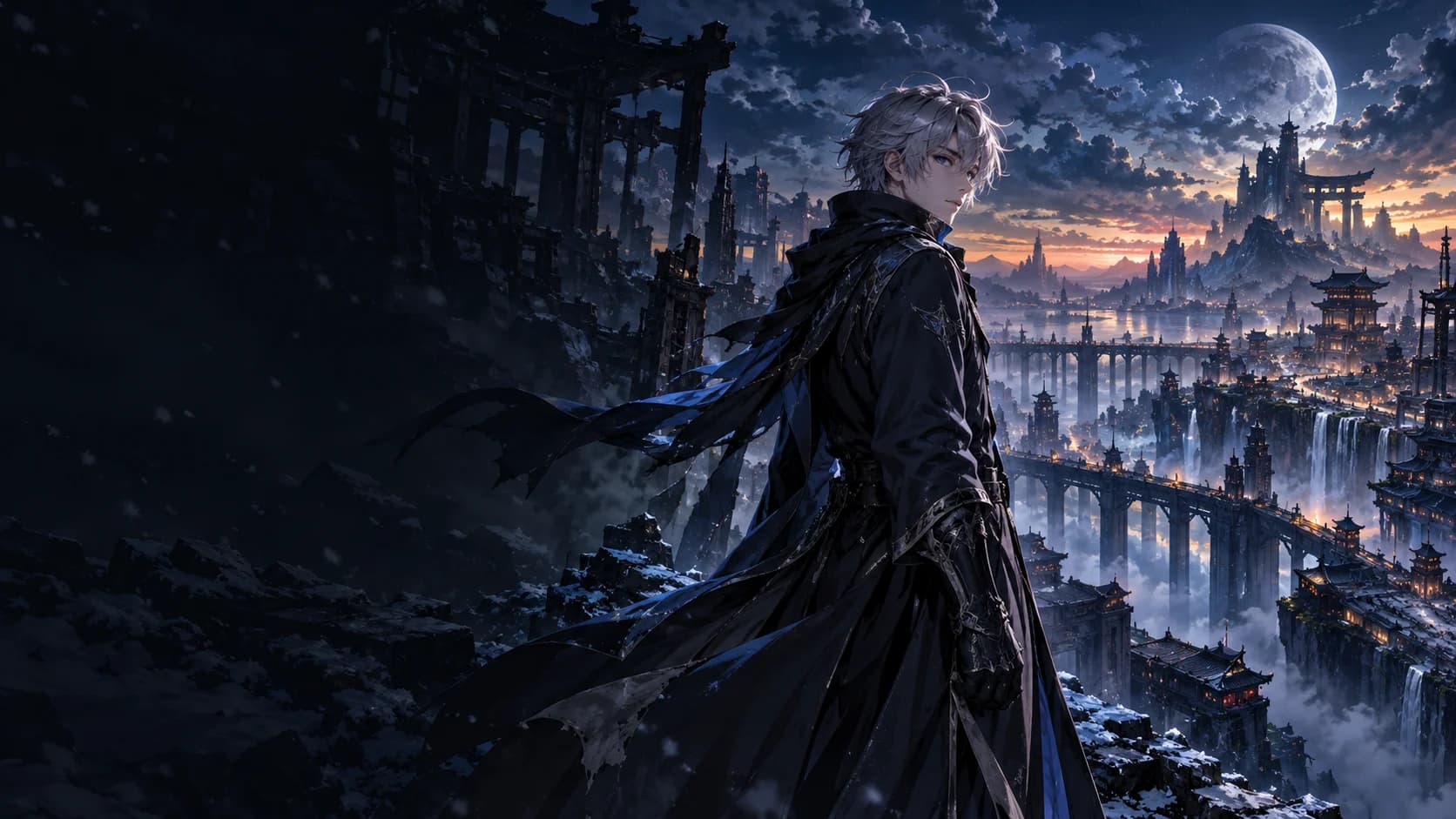 Original anime hero overlooking a moonlit futuristic city